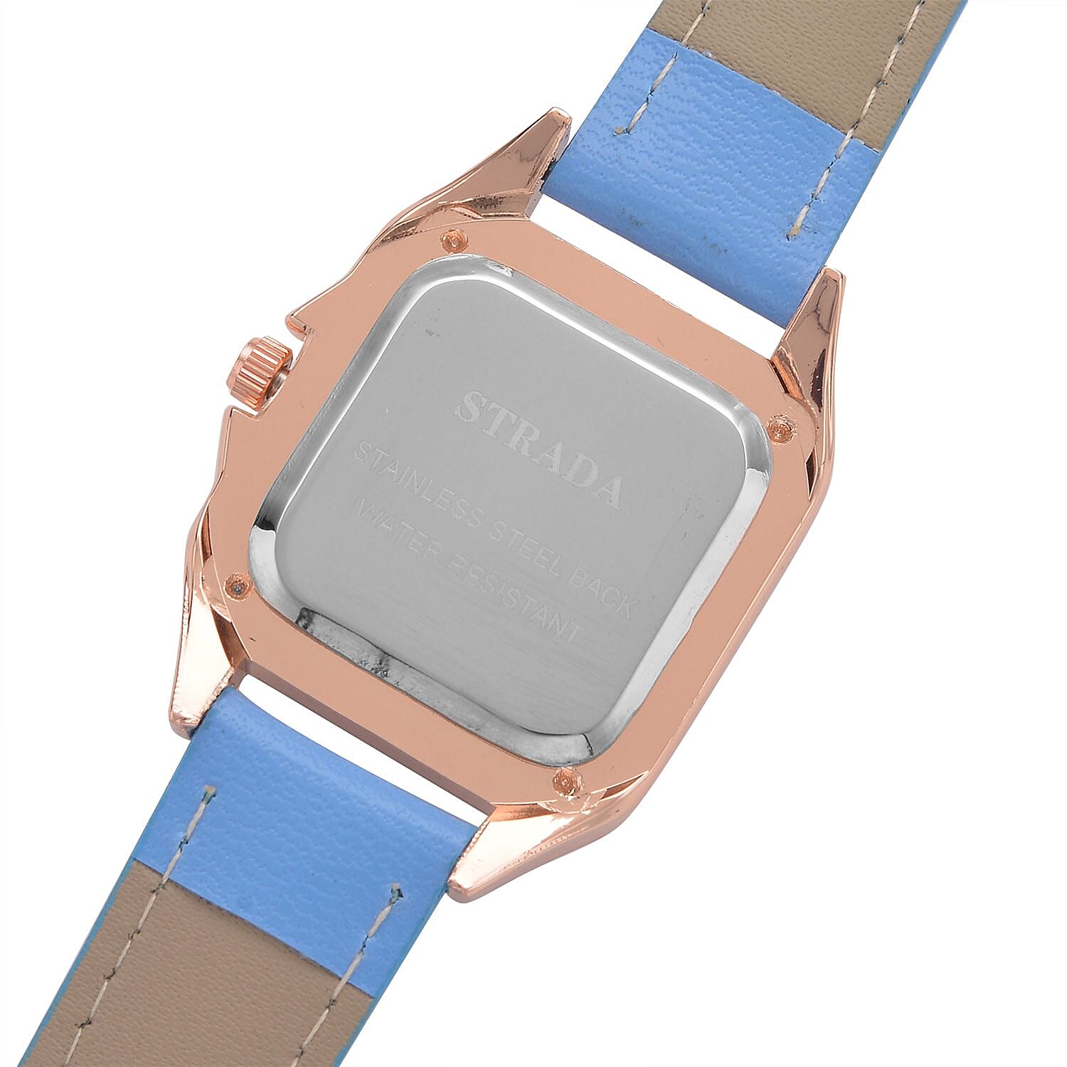 Strada White Austrian Crystal Japanese Movement Watch in Rosetone with Blue Faux Leather Strap (29.64 mm) (6.50-8.25 Inches)