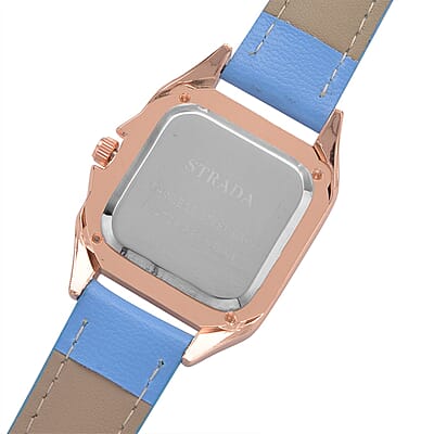 Strada White Austrian Crystal Japanese Movement Watch in Rosetone with Blue Faux Leather Strap (29.64 mm) (6.50-8.25 Inches)