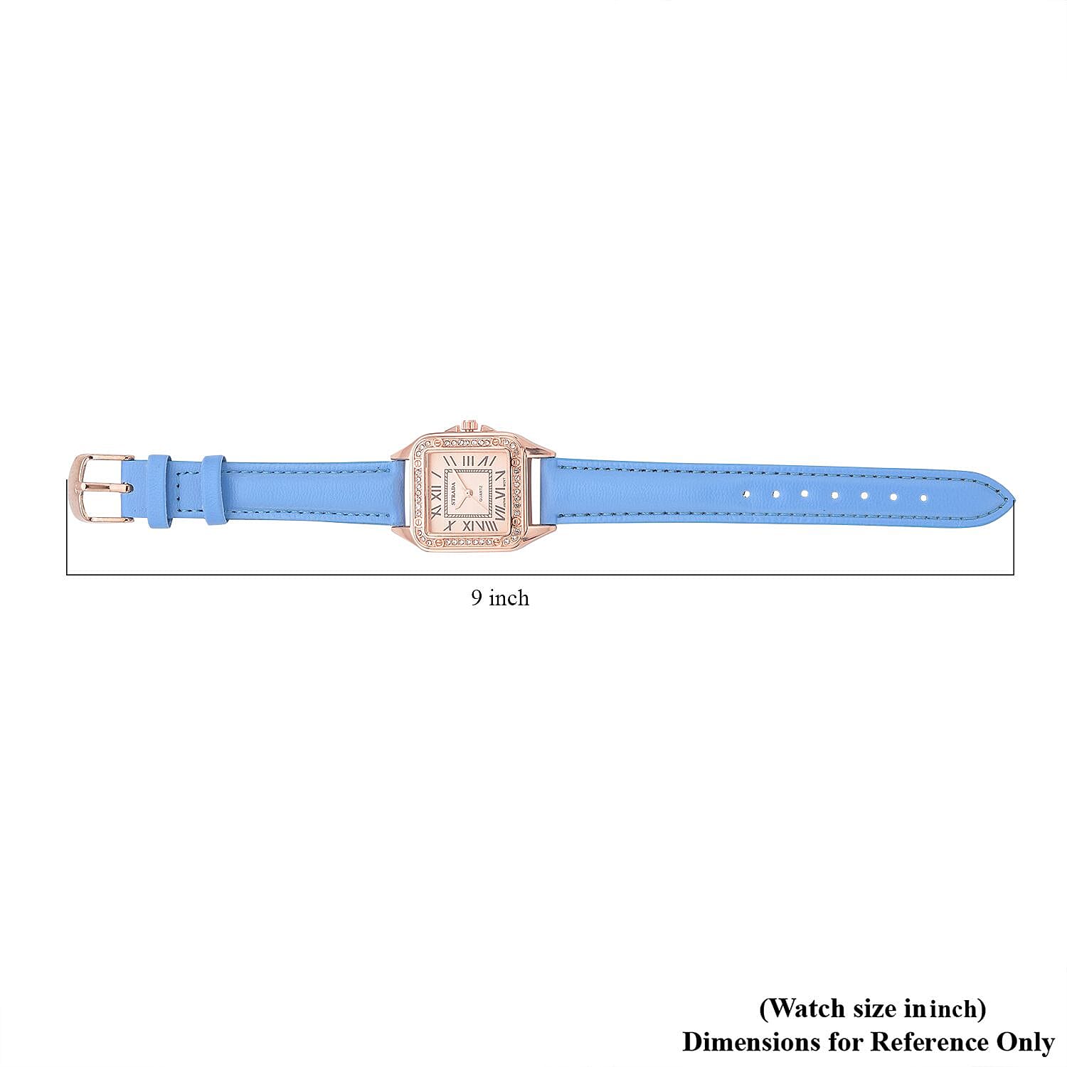 Strada White Austrian Crystal Japanese Movement Watch in Rosetone with Blue Faux Leather Strap (29.64 mm) (6.50-8.25 Inches)