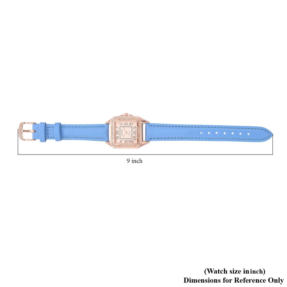 Strada White Austrian Crystal Japanese Movement Watch in Rosetone with Blue Faux Leather Strap (29.64 mm) (6.50-8.25 Inches) image number 6