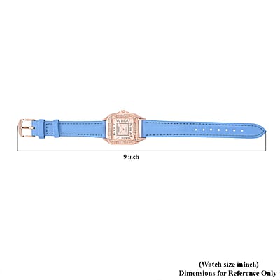 Strada White Austrian Crystal Japanese Movement Watch in Rosetone with Blue Faux Leather Strap (29.64 mm) (6.50-8.25 Inches)