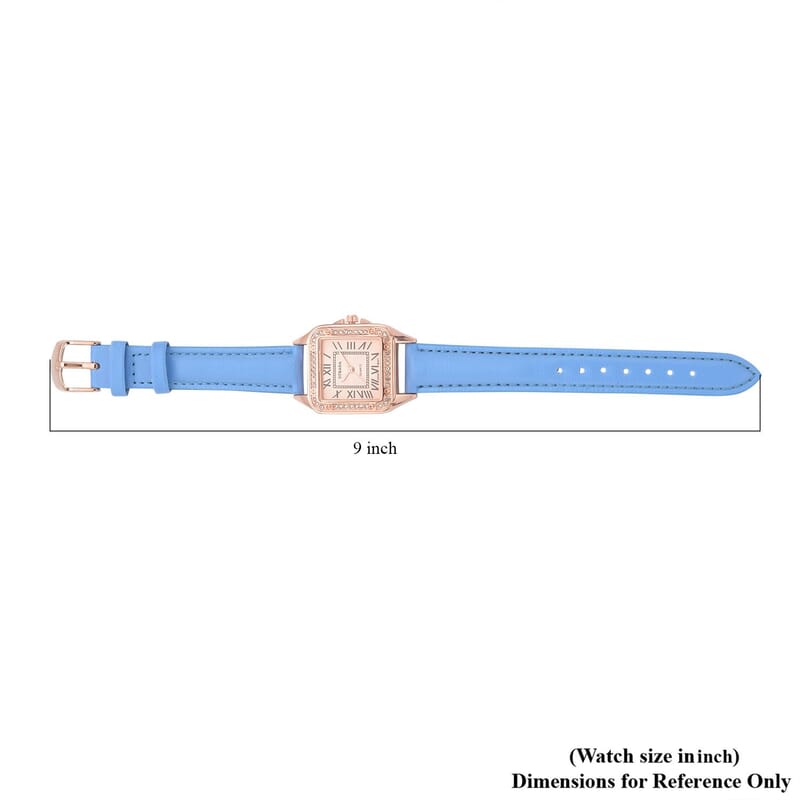 Strada White Austrian Crystal Japanese Movement Watch in Rosetone with Blue Faux Leather Strap (29.64 mm) (6.50-8.25 Inches)