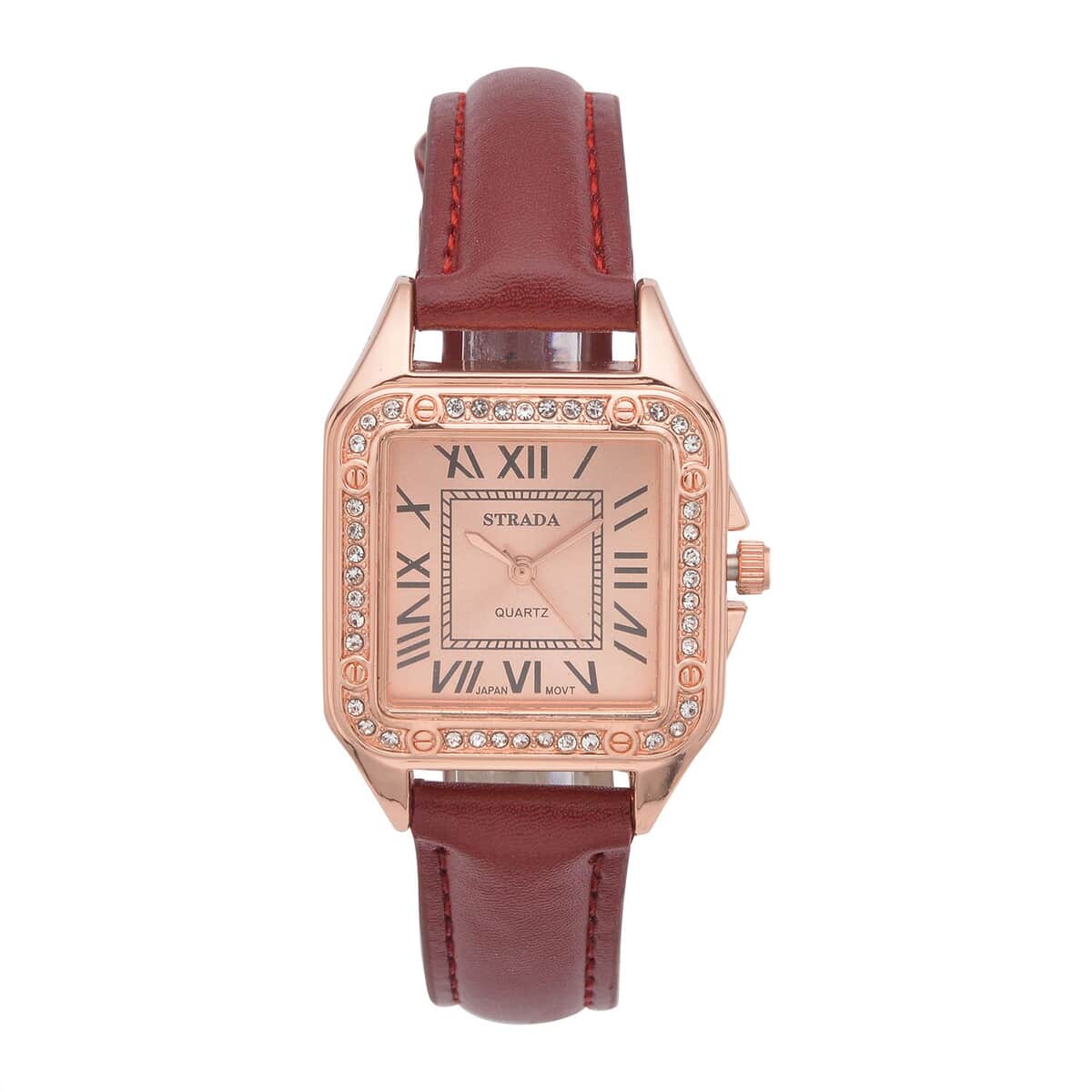 Strada White Austrian Crystal Japanese Movement Watch in Rosetone with Maroon Faux Leather Strap (29.64 mm) (6.50-8.25 Inches) image number 0