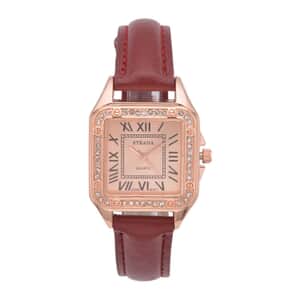 Strada White Austrian Crystal Japanese Movement Watch in Rosetone with Maroon Faux Leather Strap (29.64 mm) (6.50-8.25 Inches)