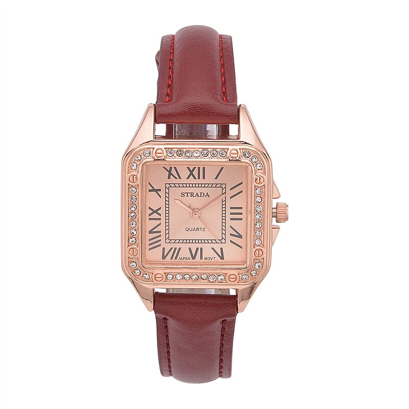 Strada White Austrian Crystal Japanese Movement Watch in Rosetone with Maroon Faux Leather Strap (29.64 mm) (6.50-8.25 Inches)