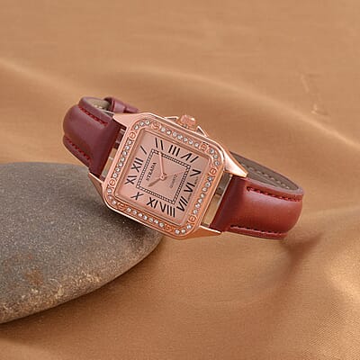 Strada White Austrian Crystal Japanese Movement Watch in Rosetone with Maroon Faux Leather Strap (29.64 mm) (6.50-8.25 Inches)