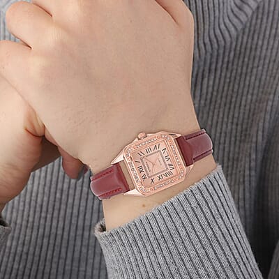 Strada White Austrian Crystal Japanese Movement Watch in Rosetone with Maroon Faux Leather Strap (29.64 mm) (6.50-8.25 Inches)