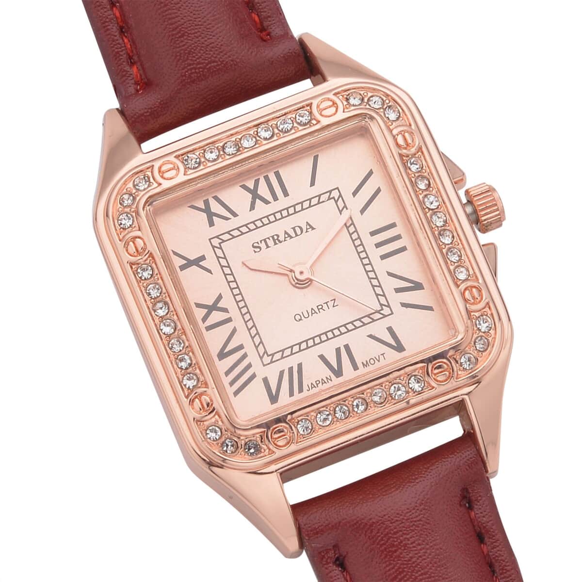 Strada White Austrian Crystal Japanese Movement Watch in Rosetone with Maroon Faux Leather Strap (29.64 mm) (6.50-8.25 Inches) image number 4