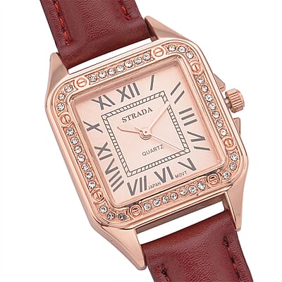 Strada White Austrian Crystal Japanese Movement Watch in Rosetone with Maroon Faux Leather Strap (29.64 mm) (6.50-8.25 Inches)