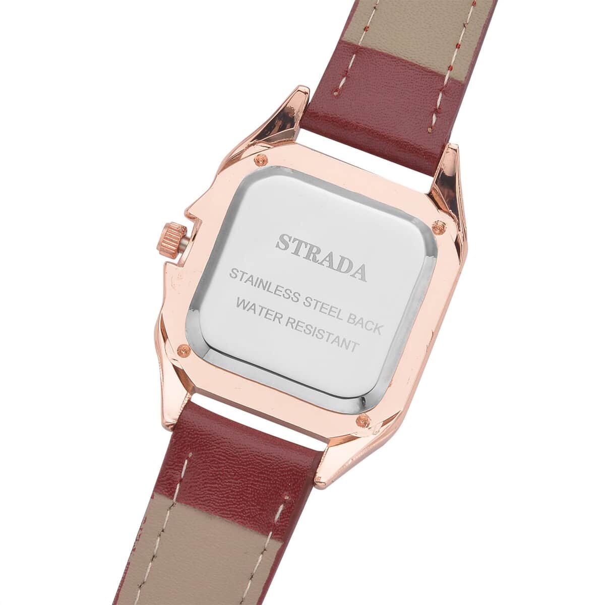 Strada White Austrian Crystal Japanese Movement Watch in Rosetone with Maroon Faux Leather Strap (29.64 mm) (6.50-8.25 Inches) image number 5