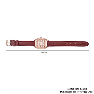 Strada White Austrian Crystal Japanese Movement Watch in Rosetone with Maroon Faux Leather Strap (29.64 mm) (6.50-8.25 Inches)