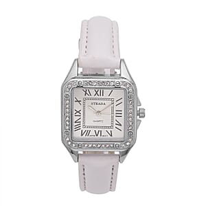 Strada White Austrian Crystal Japanese Movement Watch in Silvertone with White Faux Leather Strap (29.64 mm) (6.50-8.25 Inches)