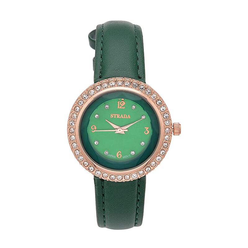 Strada Austrian Crystal Japanese Movement Green Cutting Glass Dial Watch in Dark Green Faux Leather Strap (33mm)
