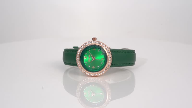 Strada Austrian Crystal Japanese Movement Green Cutting Glass Dial Watch in Dark Green Faux Leather Strap (33mm)