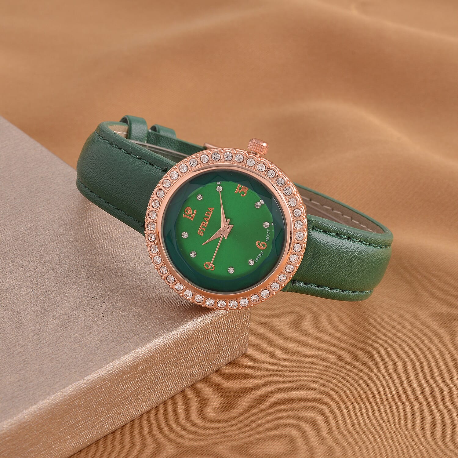 Strada Austrian Crystal Japanese Movement Green Cutting Glass Dial Watch in Dark Green Faux Leather Strap (33mm)