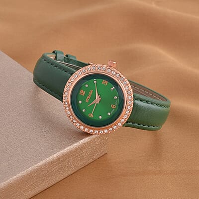 Strada Austrian Crystal Japanese Movement Green Cutting Glass Dial Watch in Dark Green Faux Leather Strap (33mm)