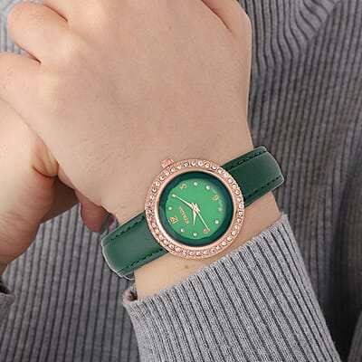 Strada Austrian Crystal Japanese Movement Green Cutting Glass Dial Watch in Dark Green Faux Leather Strap (33mm)