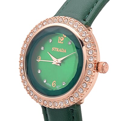 Strada Austrian Crystal Japanese Movement Green Cutting Glass Dial Watch in Dark Green Faux Leather Strap (33mm)
