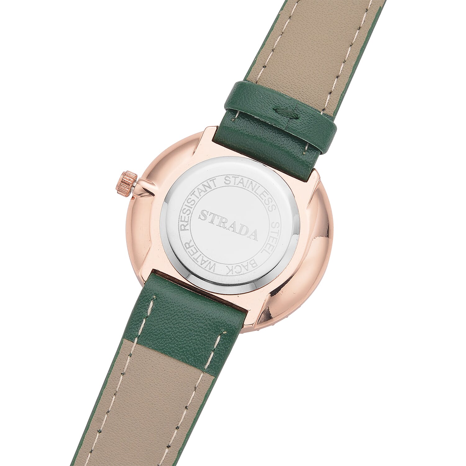 Strada Austrian Crystal Japanese Movement Green Cutting Glass Dial Watch in Dark Green Faux Leather Strap (33mm)
