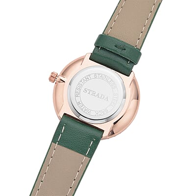 Strada Austrian Crystal Japanese Movement Green Cutting Glass Dial Watch in Dark Green Faux Leather Strap (33mm)