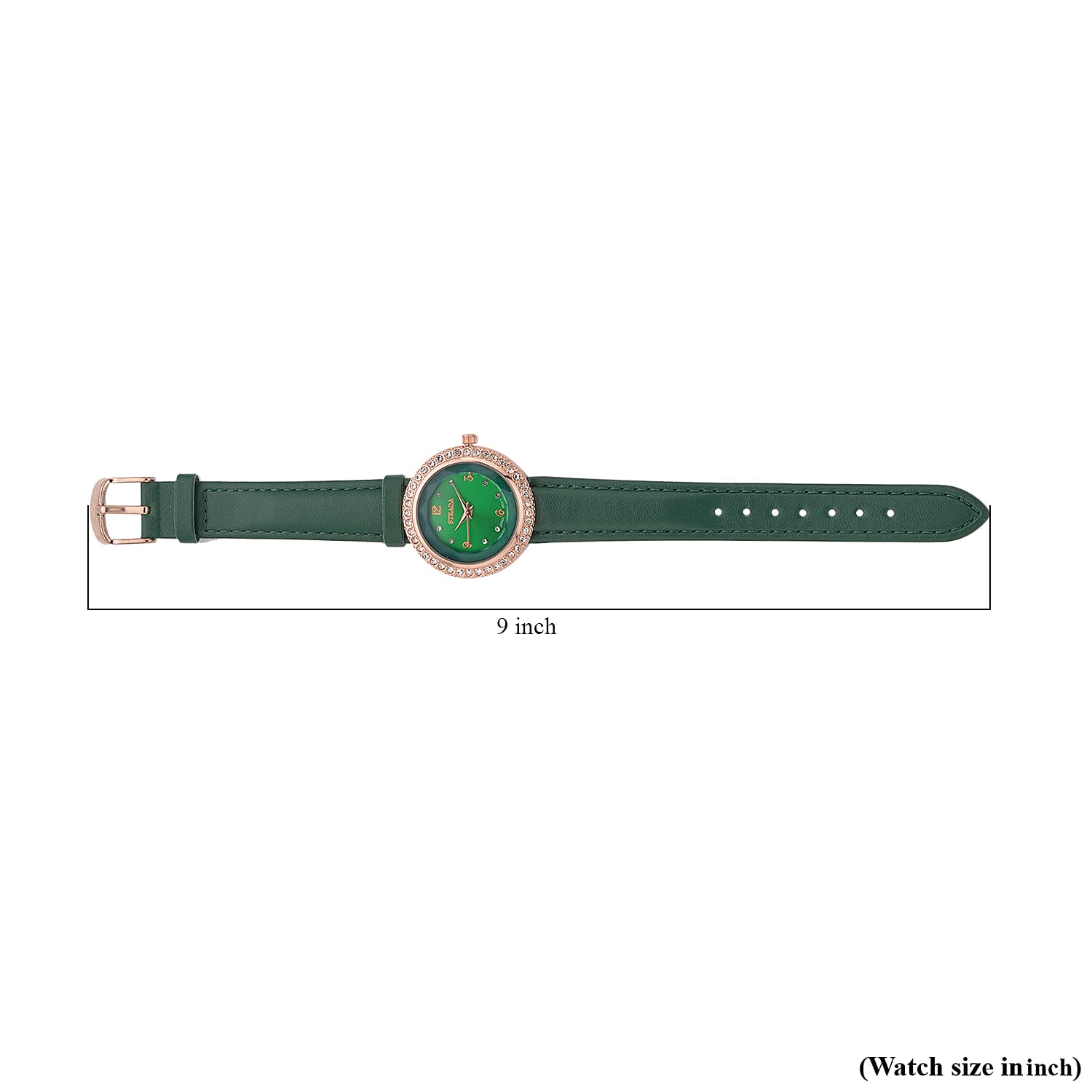 Strada Austrian Crystal Japanese Movement Green Cutting Glass Dial Watch in Dark Green Faux Leather Strap (33mm)