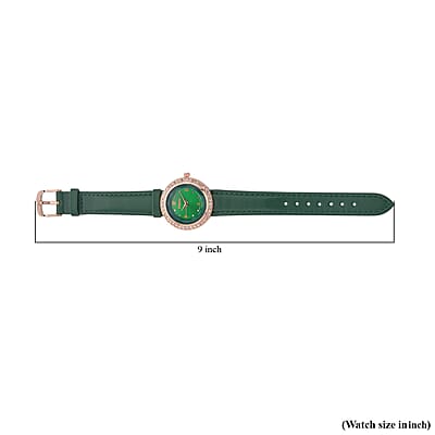 Strada Austrian Crystal Japanese Movement Green Cutting Glass Dial Watch in Dark Green Faux Leather Strap (33mm)