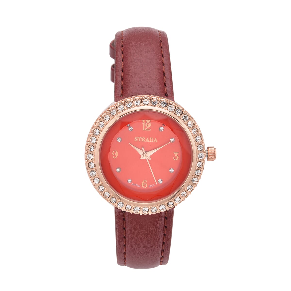 Value Buy Strada Austrian Crystal Japanese Movement Red Cutting Glass Dial Watch in Dark Red Faux Leather Strap (33mm) image number 0