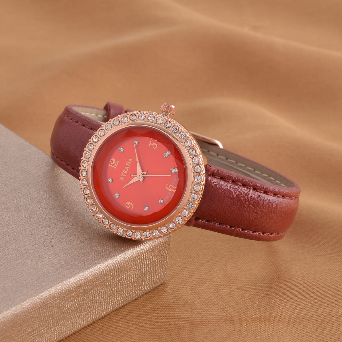 Value Buy Strada Austrian Crystal Japanese Movement Red Cutting Glass Dial Watch in Dark Red Faux Leather Strap (33mm) image number 1