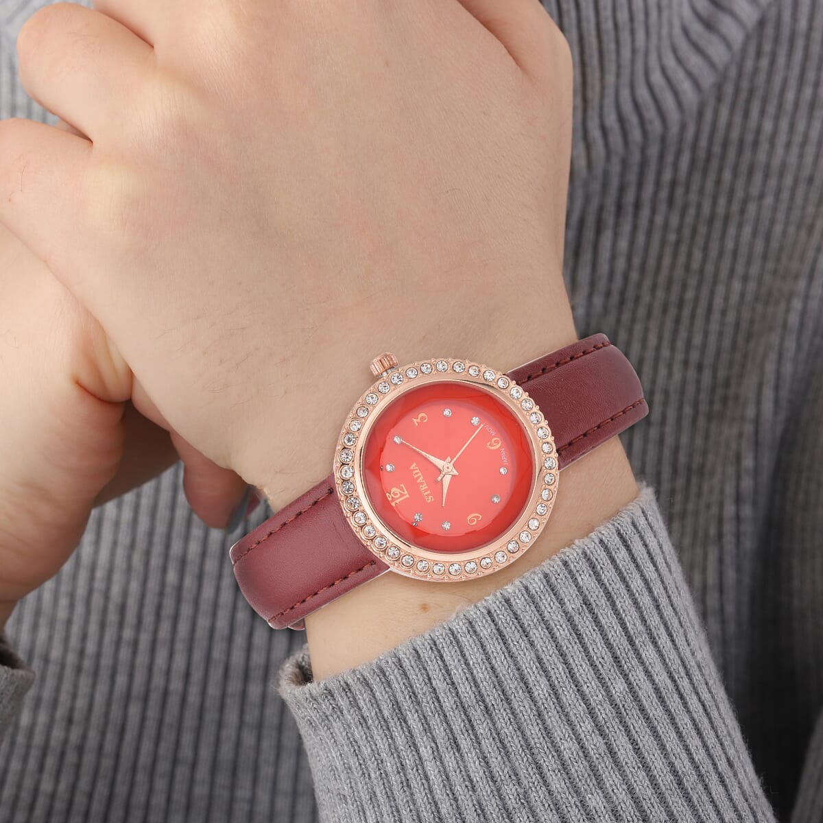 Value Buy Strada Austrian Crystal Japanese Movement Red Cutting Glass Dial Watch in Dark Red Faux Leather Strap (33mm) image number 2