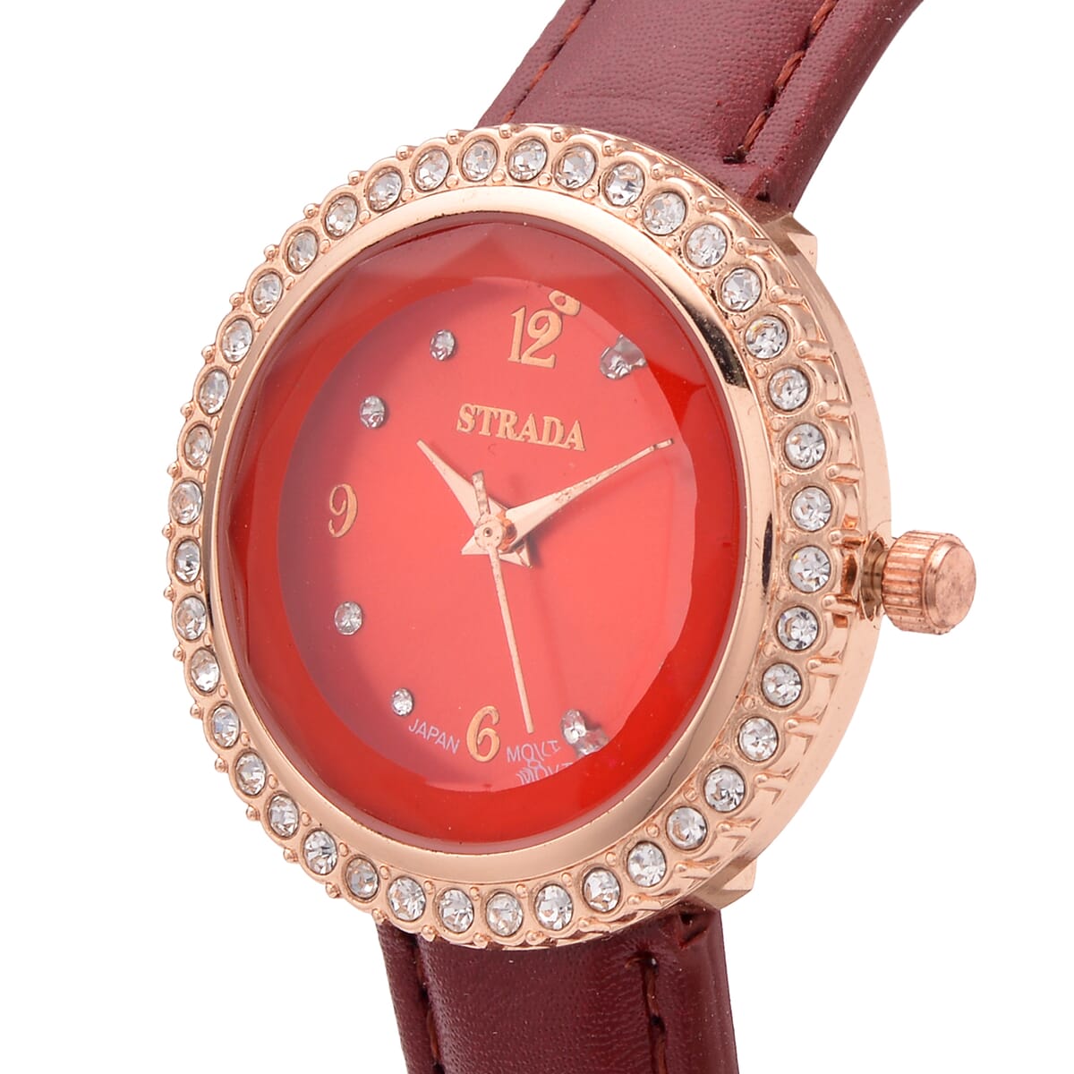 Value Buy Strada Austrian Crystal Japanese Movement Red Cutting Glass Dial Watch in Dark Red Faux Leather Strap (33mm) image number 3