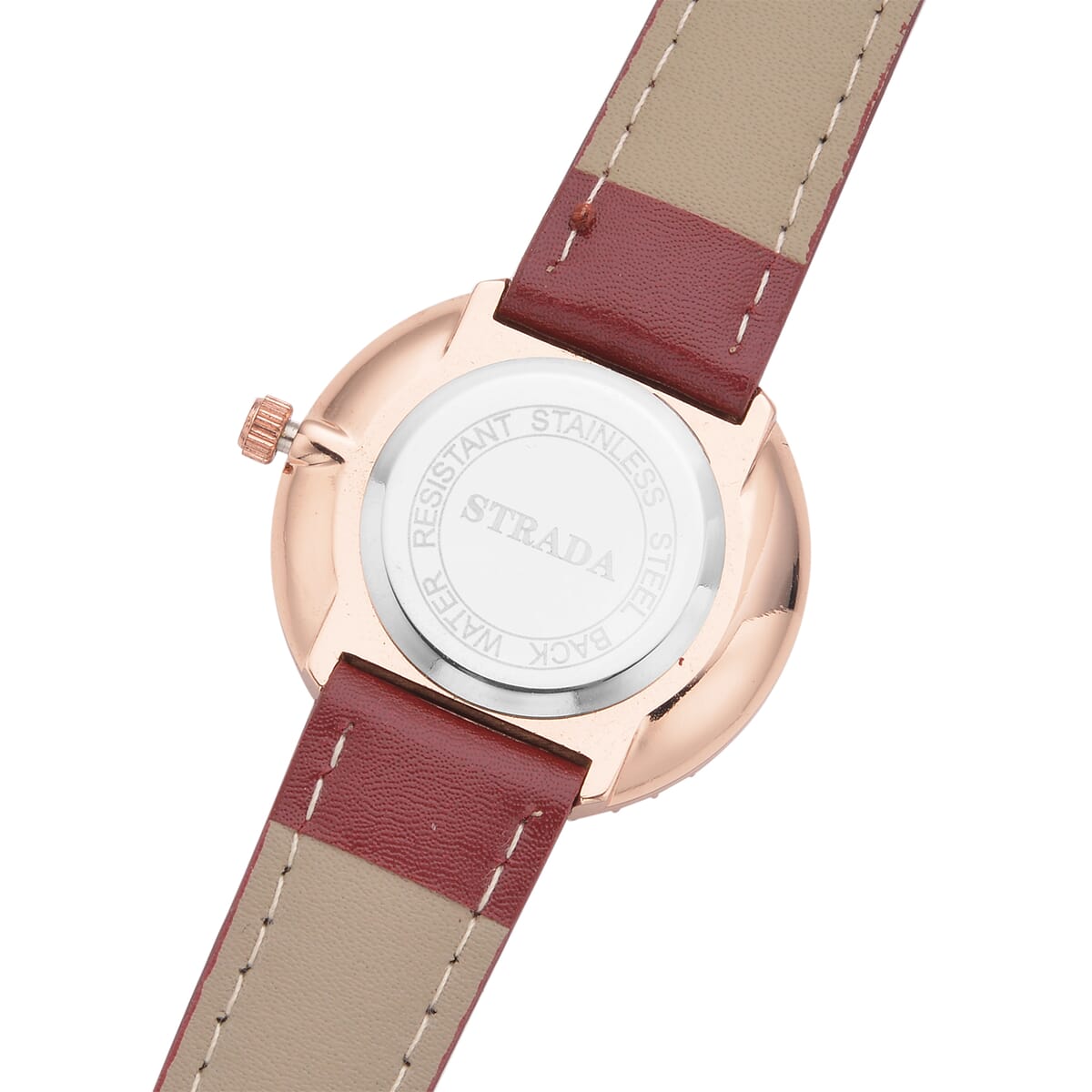 Value Buy Strada Austrian Crystal Japanese Movement Red Cutting Glass Dial Watch in Dark Red Faux Leather Strap (33mm) image number 4