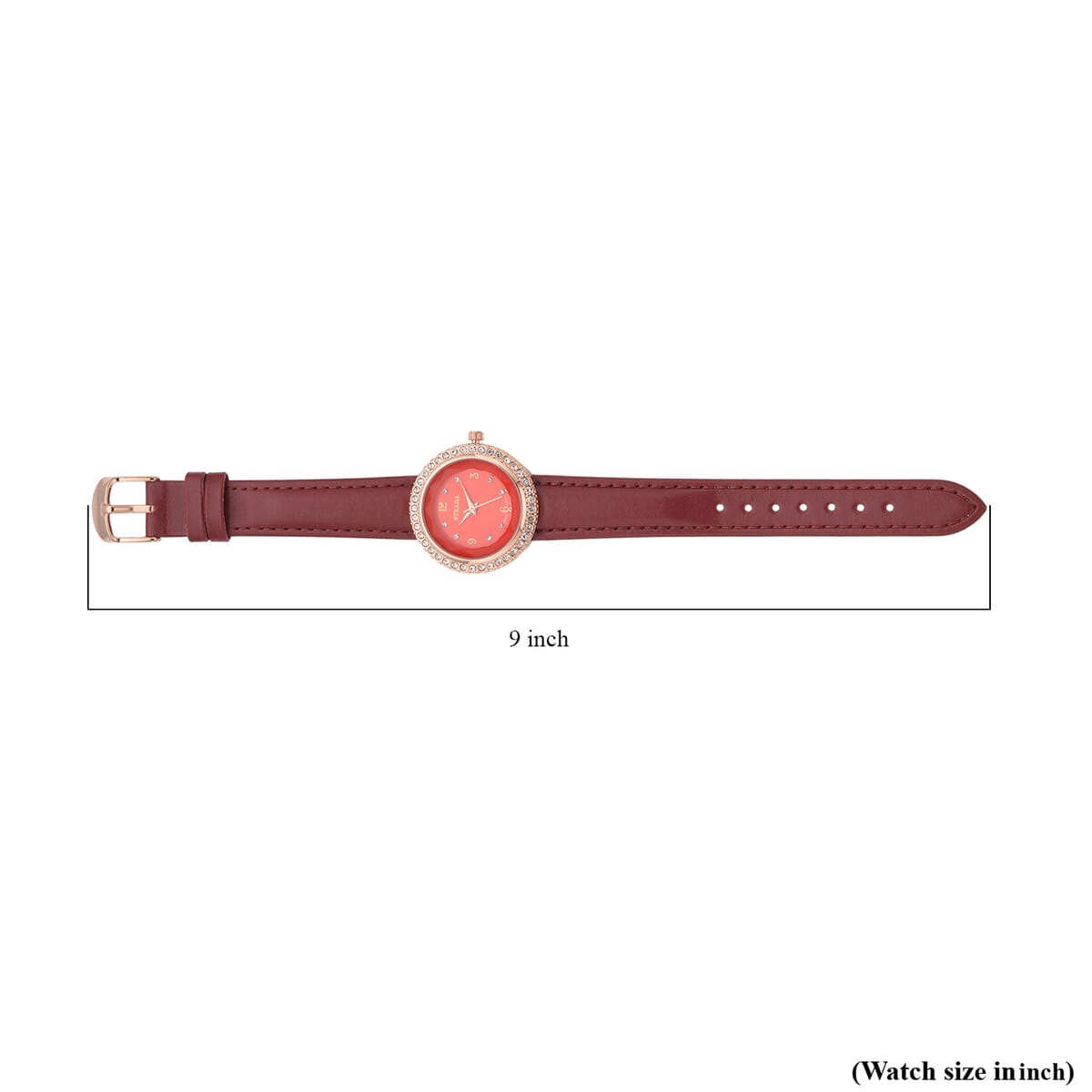 Value Buy Strada Austrian Crystal Japanese Movement Red Cutting Glass Dial Watch in Dark Red Faux Leather Strap (33mm) image number 5