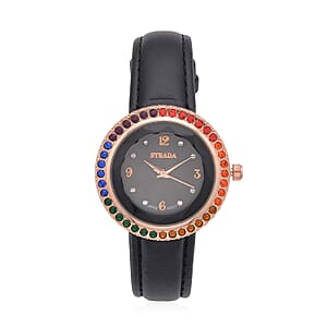 Strada Multi Color Austrian Crystal Japanese Movement Black Cutting Glass Dial Watch in Black Faux Leather Strap (33mm)