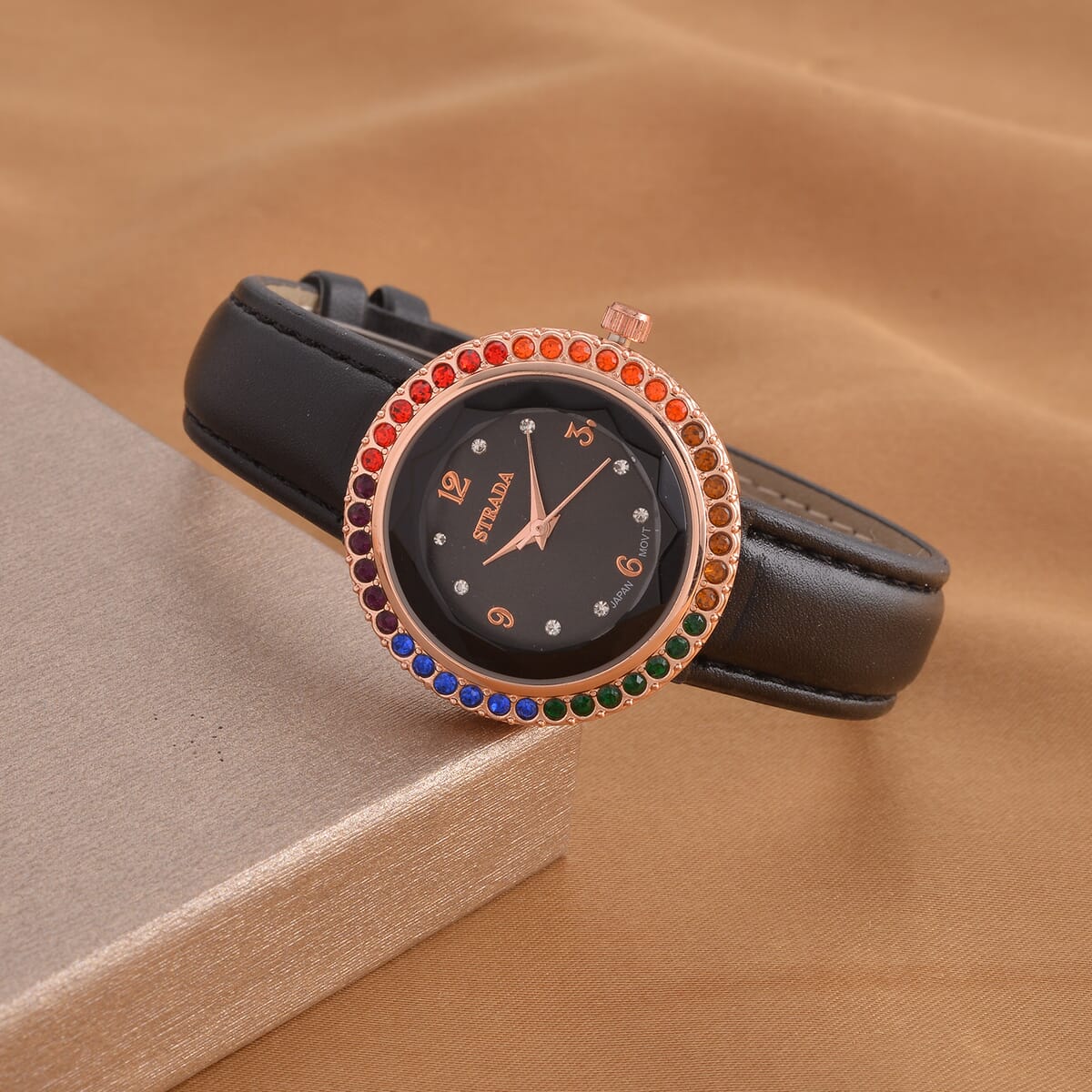 Value Buy Strada Multi Color Austrian Crystal Japanese Movement Black Cutting Glass Dial Watch in Black Faux Leather Strap (33mm) image number 1
