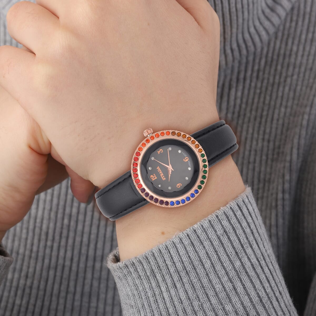 Value Buy Strada Multi Color Austrian Crystal Japanese Movement Black Cutting Glass Dial Watch in Black Faux Leather Strap (33mm) image number 2