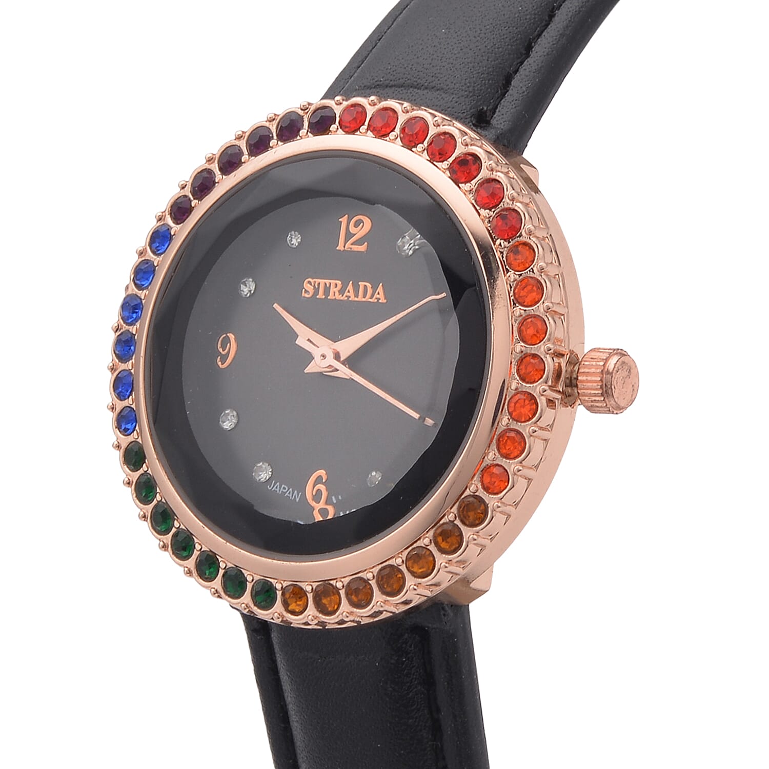 Strada Multi Color Austrian Crystal Japanese Movement Black Cutting Glass Dial Watch in Black Faux Leather Strap (33mm)