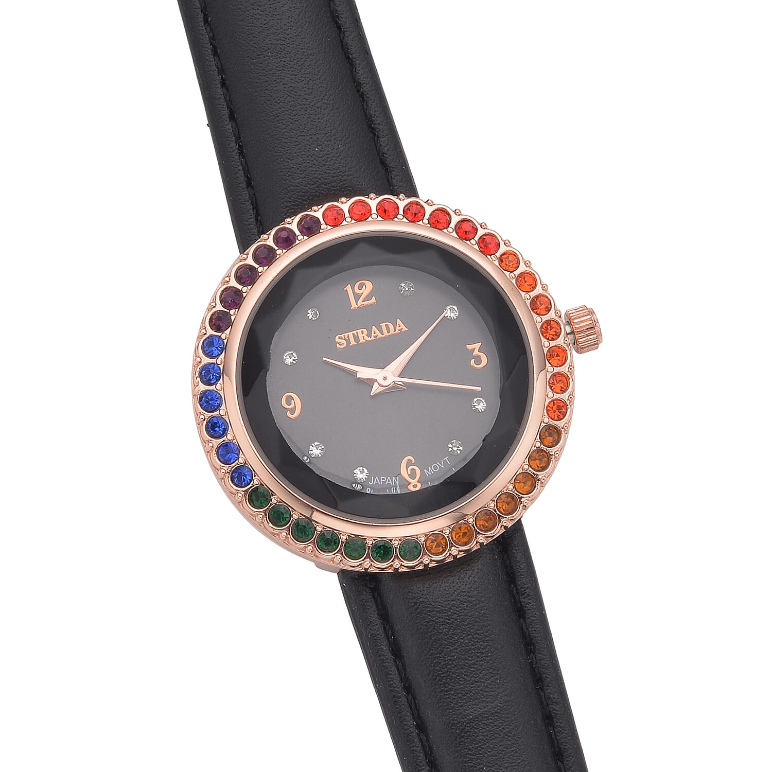 Strada Multi Color Austrian Crystal Japanese Movement Black Cutting Glass Dial Watch in Black Faux Leather Strap (33mm)