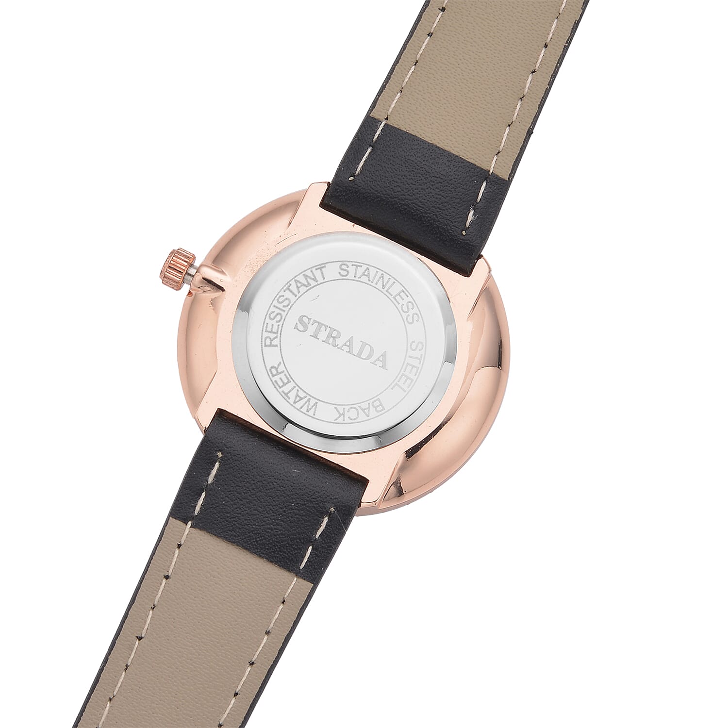 Strada Multi Color Austrian Crystal Japanese Movement Black Cutting Glass Dial Watch in Black Faux Leather Strap (33mm)