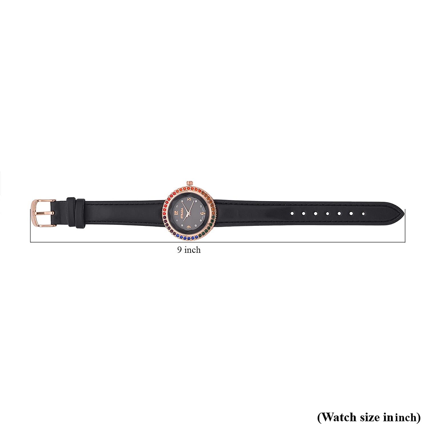 Strada Multi Color Austrian Crystal Japanese Movement Black Cutting Glass Dial Watch in Black Faux Leather Strap (33mm)