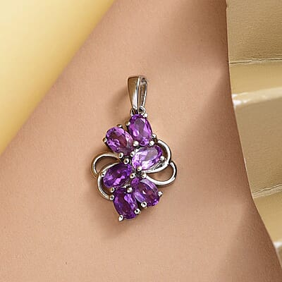 African Amethyst Cluster Pendant in Stainless Steel 2.35 ctw