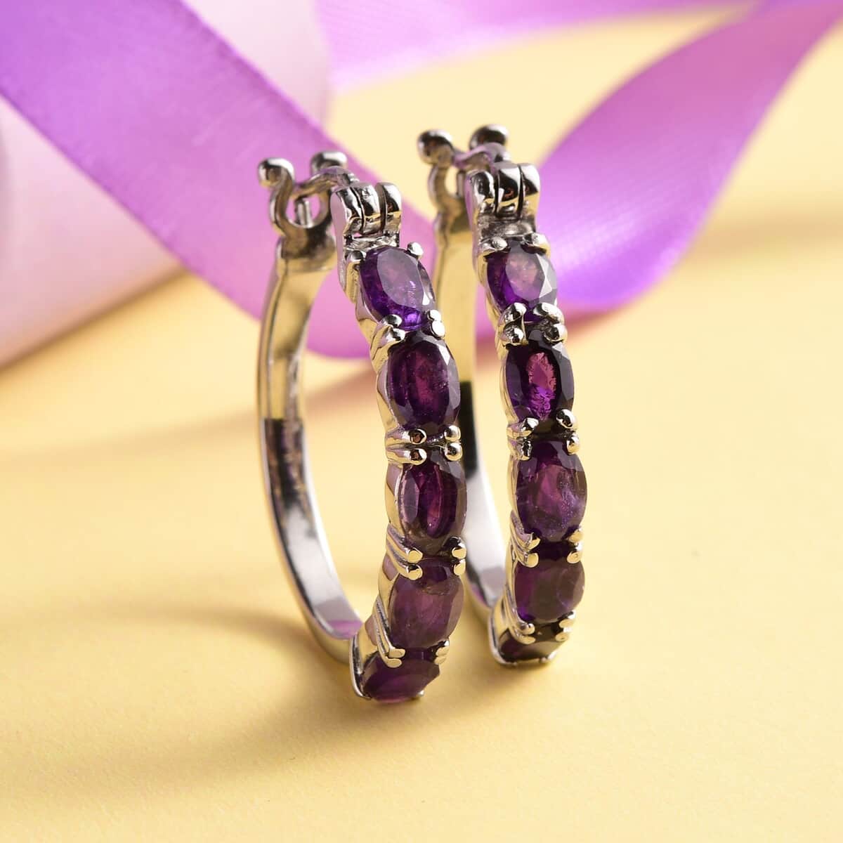 Amethyst Hoop Earrings in Stainless Steel 4.15 ctw image number 1