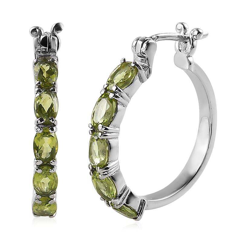 Peridot Hoop Earrings in Stainless Steel 4.75 ctw , Tarnish-Free, Waterproof, Sweat Proof Jewelry