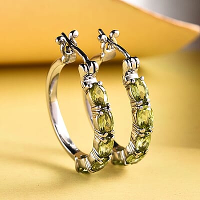 Peridot Hoop Earrings in Stainless Steel 4.75 ctw , Tarnish-Free, Waterproof, Sweat Proof Jewelry