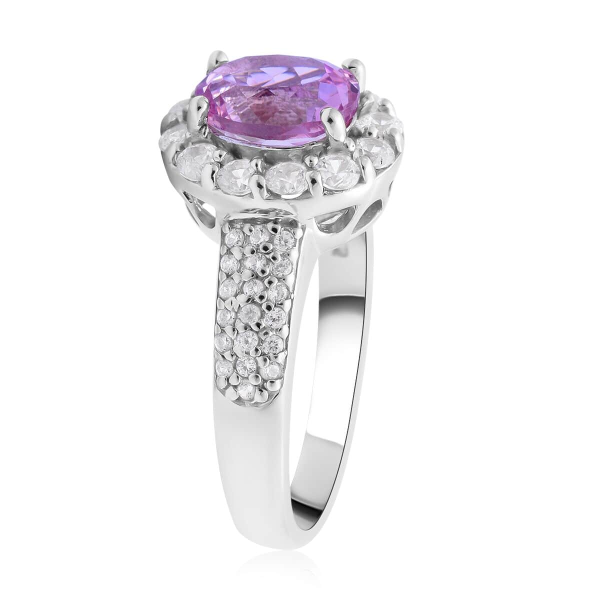 Martha Rocha Kunzite and Natural White Zircon Halo Ring in Platinum Over Sterling Silver (Size 10.0) 2.90 ctw image number 2