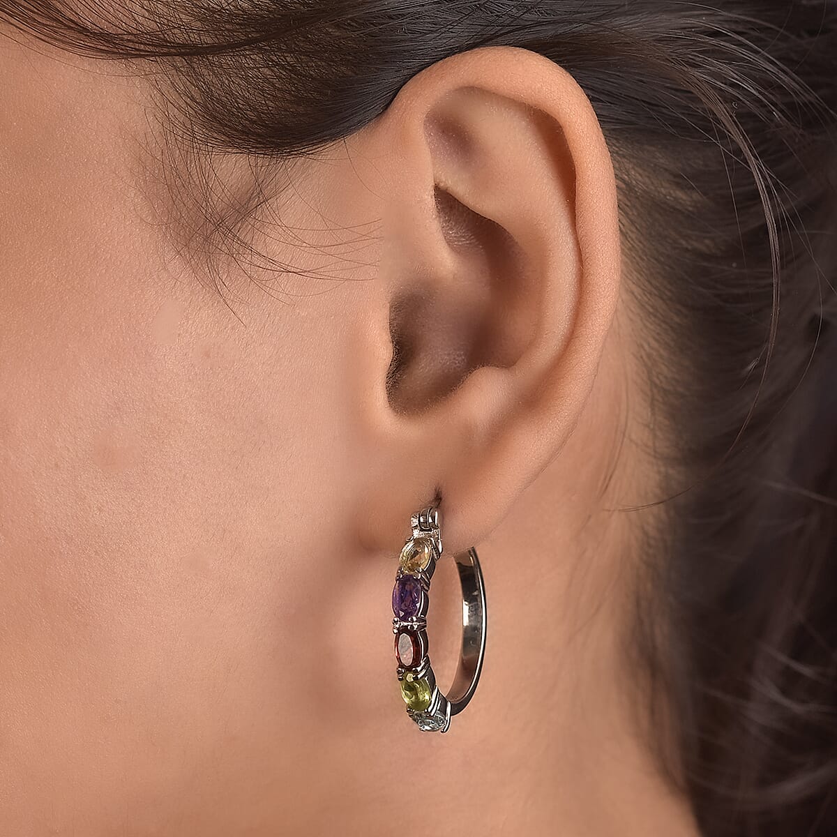 Multi Gemstone Hoop Earrings in Stainless Steel 4.90 ctw , Tarnish-Free, Waterproof, Sweat Proof Jewelry image number 2