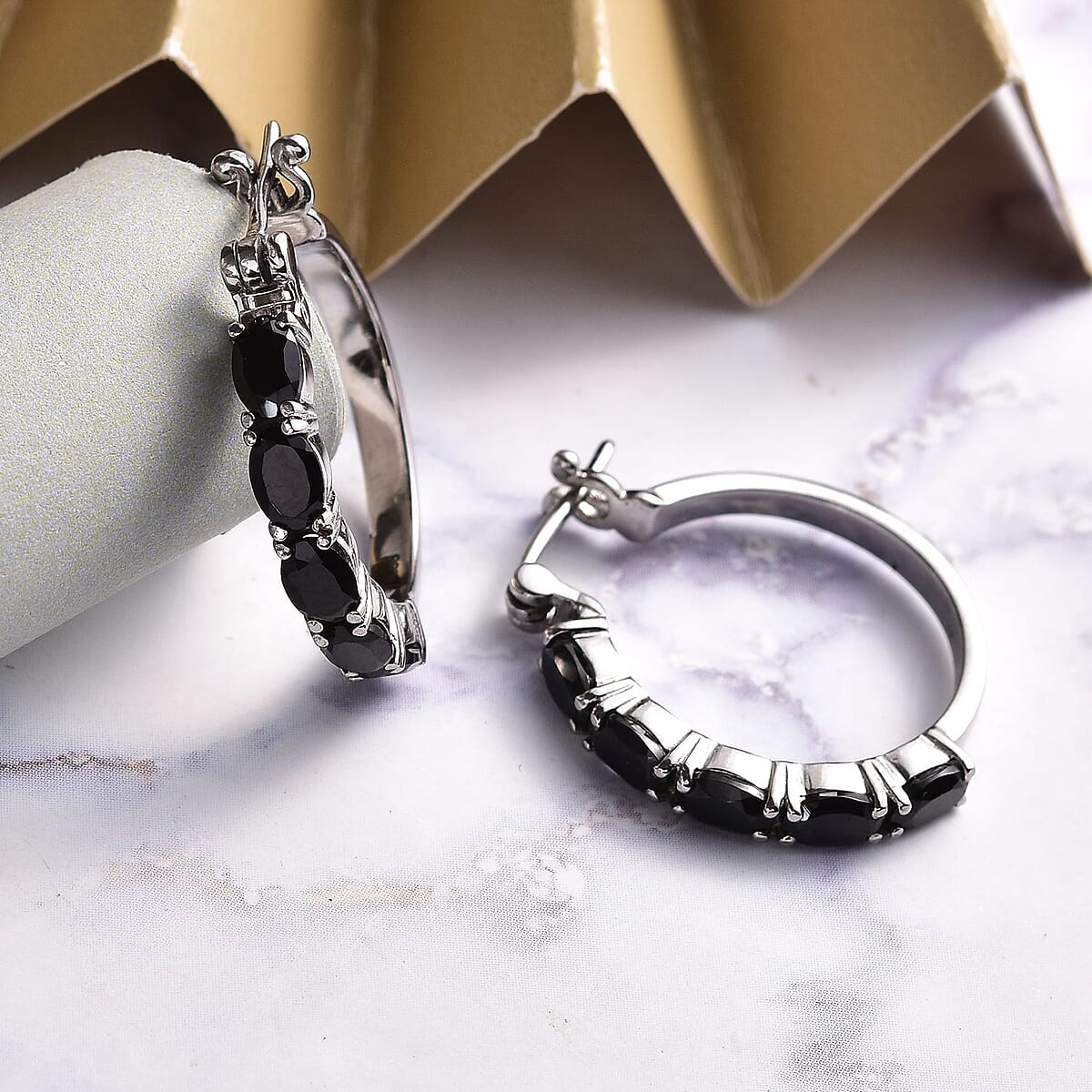 Thai Black Spinel Hoop Earrings in Stainless Steel 5.20 ctw image number 1