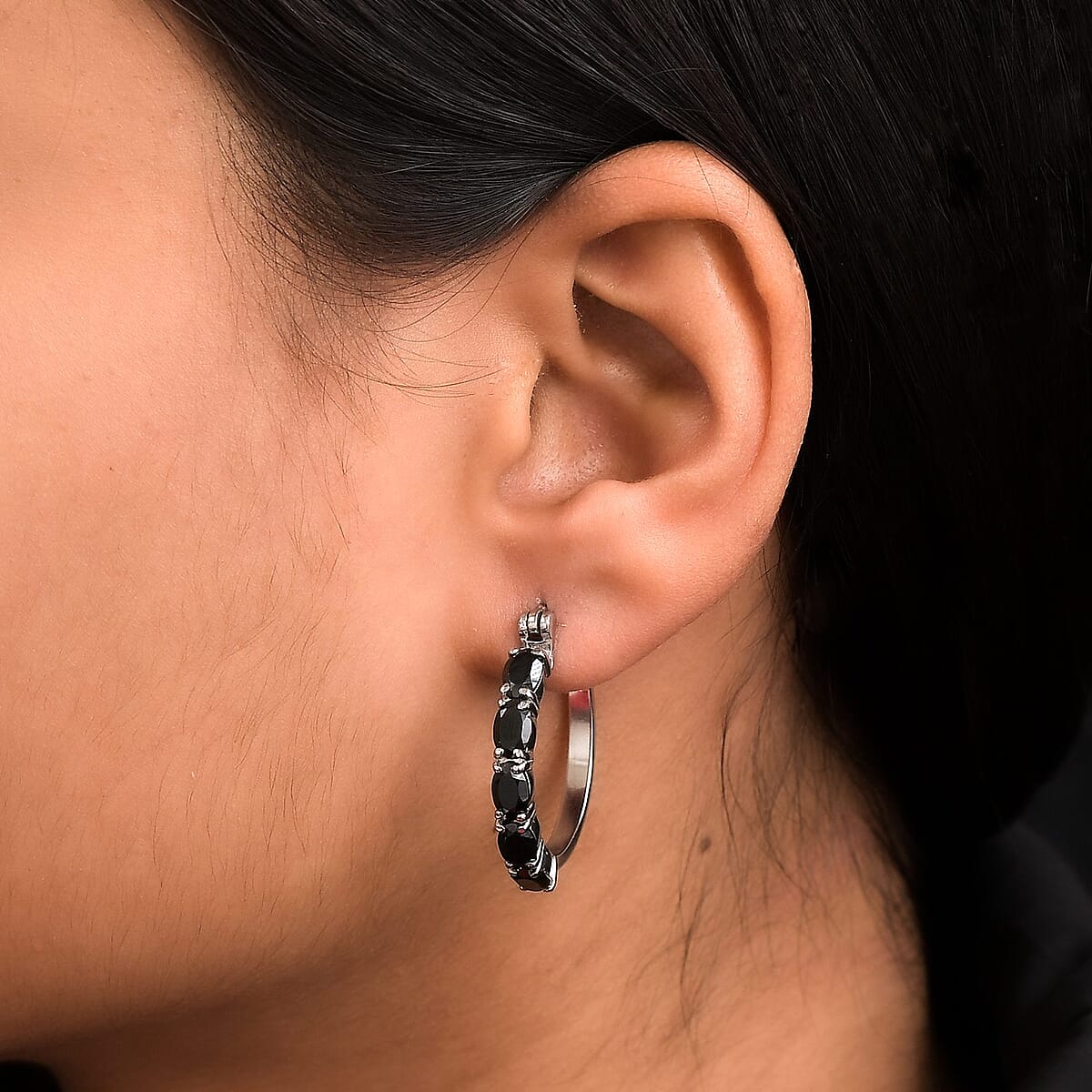 Thai Black Spinel Hoop Earrings in Stainless Steel 5.20 ctw image number 2