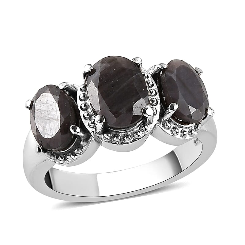 Silver Sapphire 3 Stone Ring in Stainless Steel (Size 10.0) 4.00 ctw , Tarnish-Free, Waterproof, Sweat Proof Jewelry