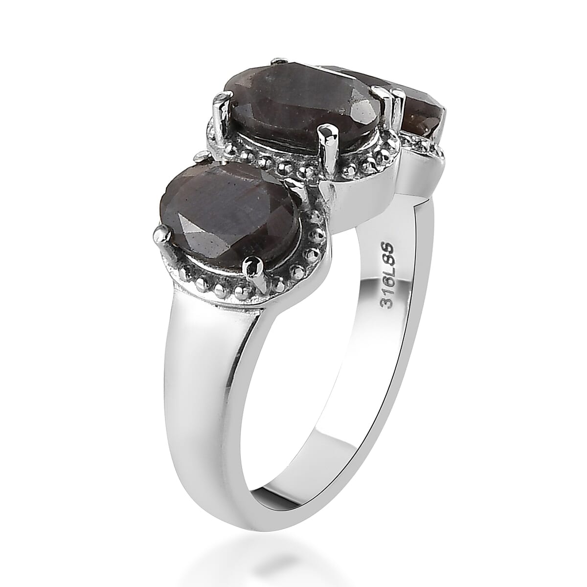 Silver Sapphire 3 Stone Ring in Stainless Steel (Size 10.0) 4.00 ctw , Tarnish-Free, Waterproof, Sweat Proof Jewelry