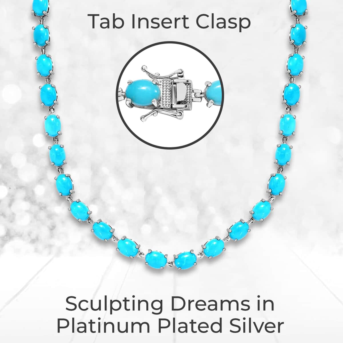 Doorbuster Premium American Natural Sleeping Beauty Turquoise Tennis Necklace 18 Inches in Platinum Over Sterling Silver 18.50 Grams 42.40 ctw image number 3